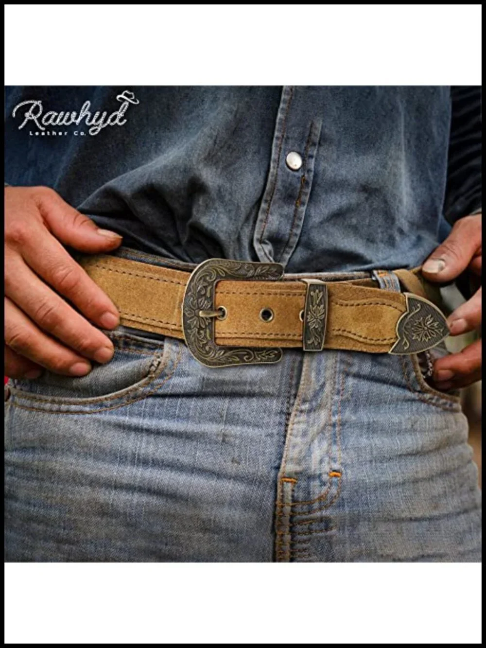 Classic Western Full-Grain Leather Belt for Men with Embossed Buckle, Adjustable